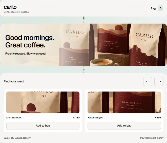 Commerce concept: coffee storefront with products and shopping bag